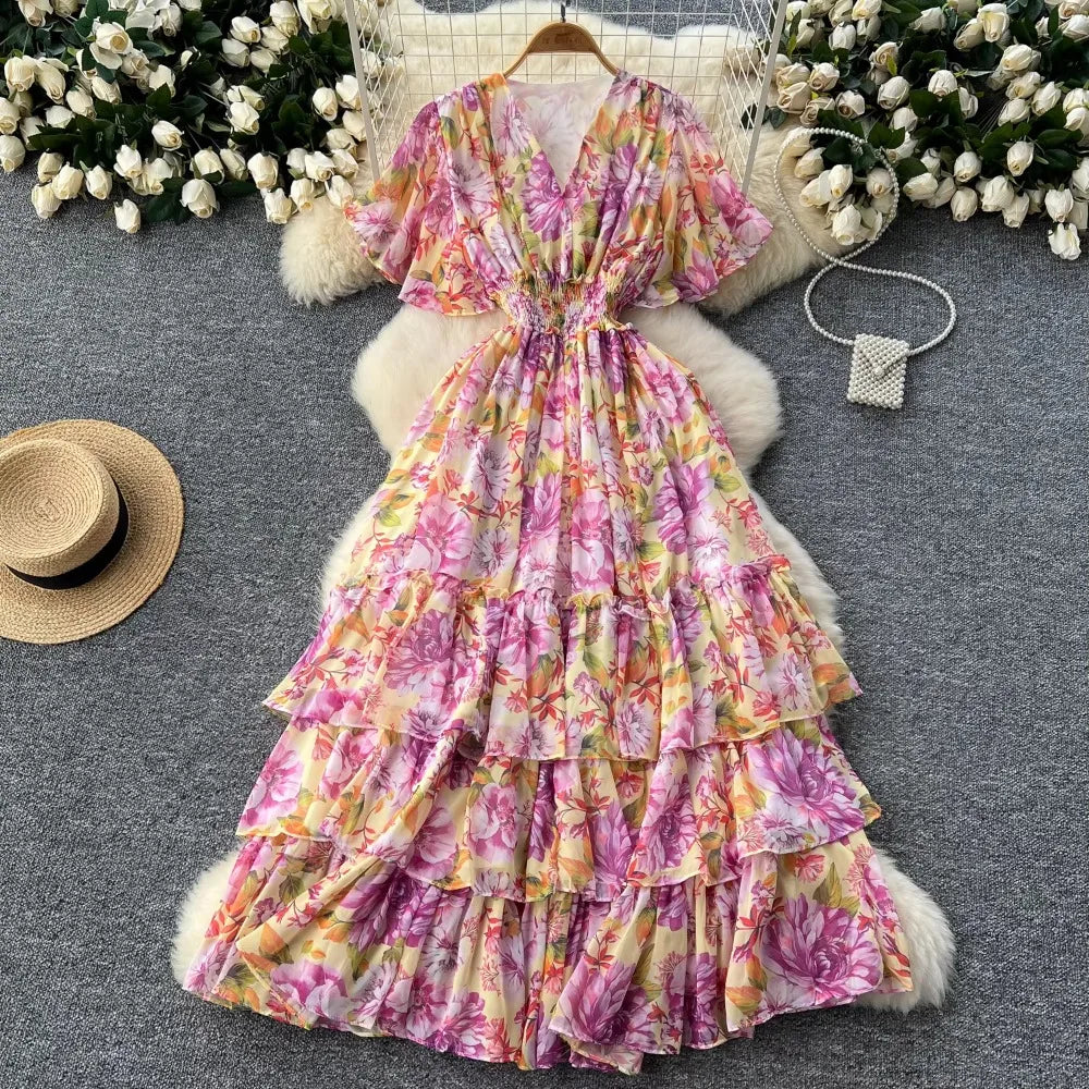 Print Chiffon Butterfly Sleeve A-Line Dress