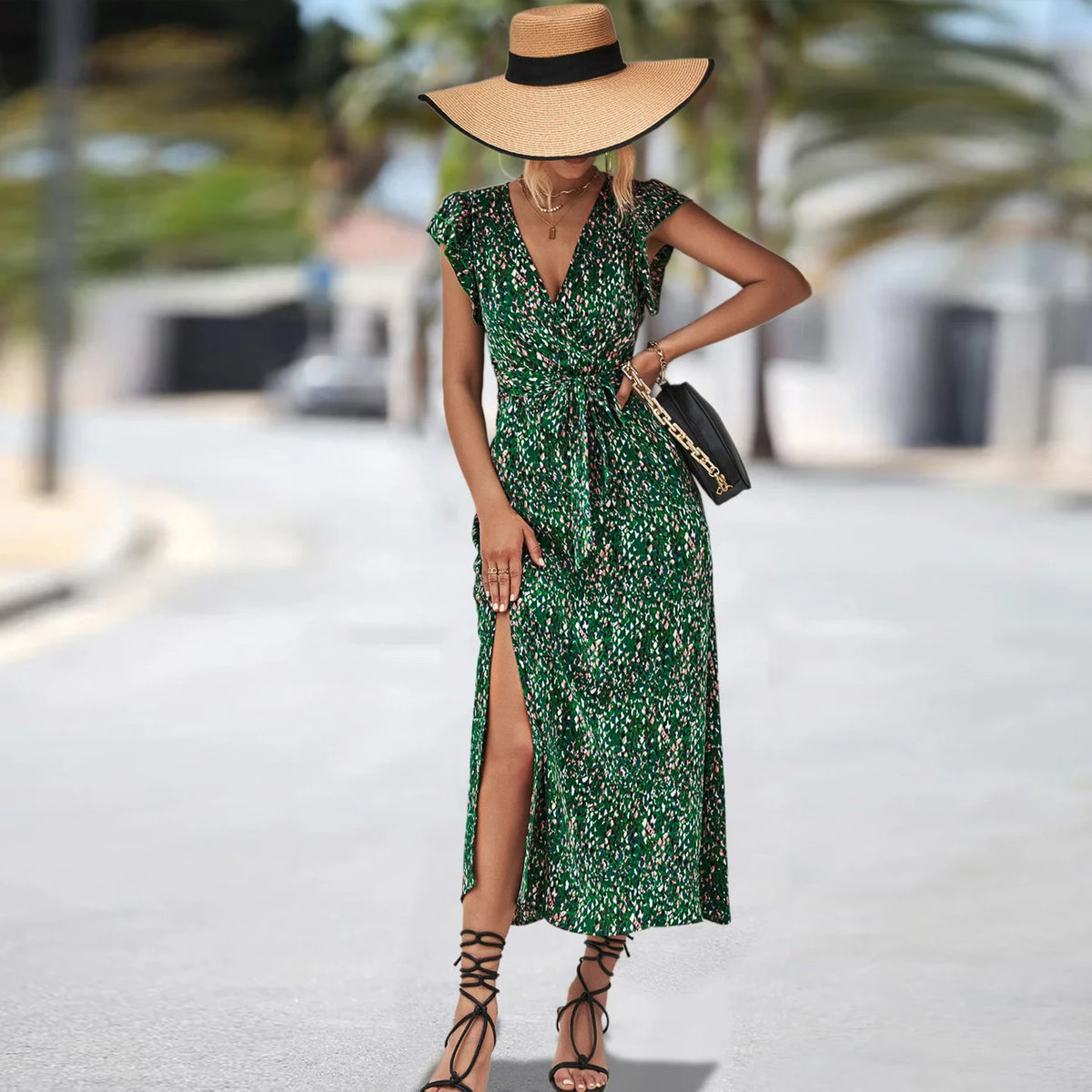 Deep Blue Floral V-Neck Belted Maxi Dress