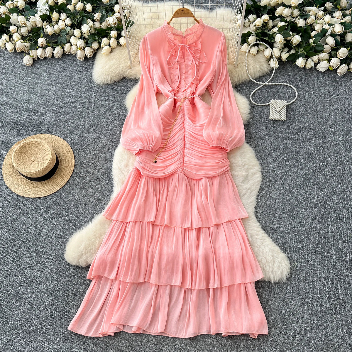 Vintage Ruffle Lace-Up Maxi Dress
