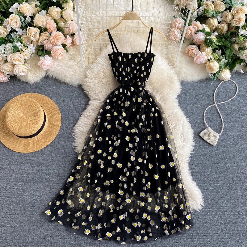 Floral Mesh Strappy Maxi Sundress