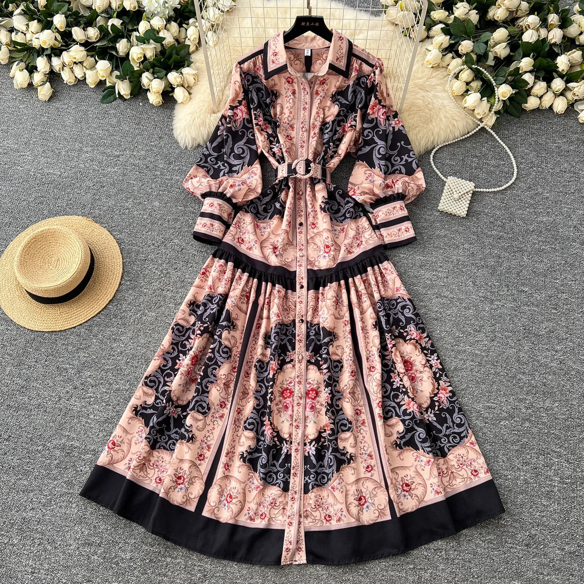 Print Single Breasted Puff Sleeve Dress
