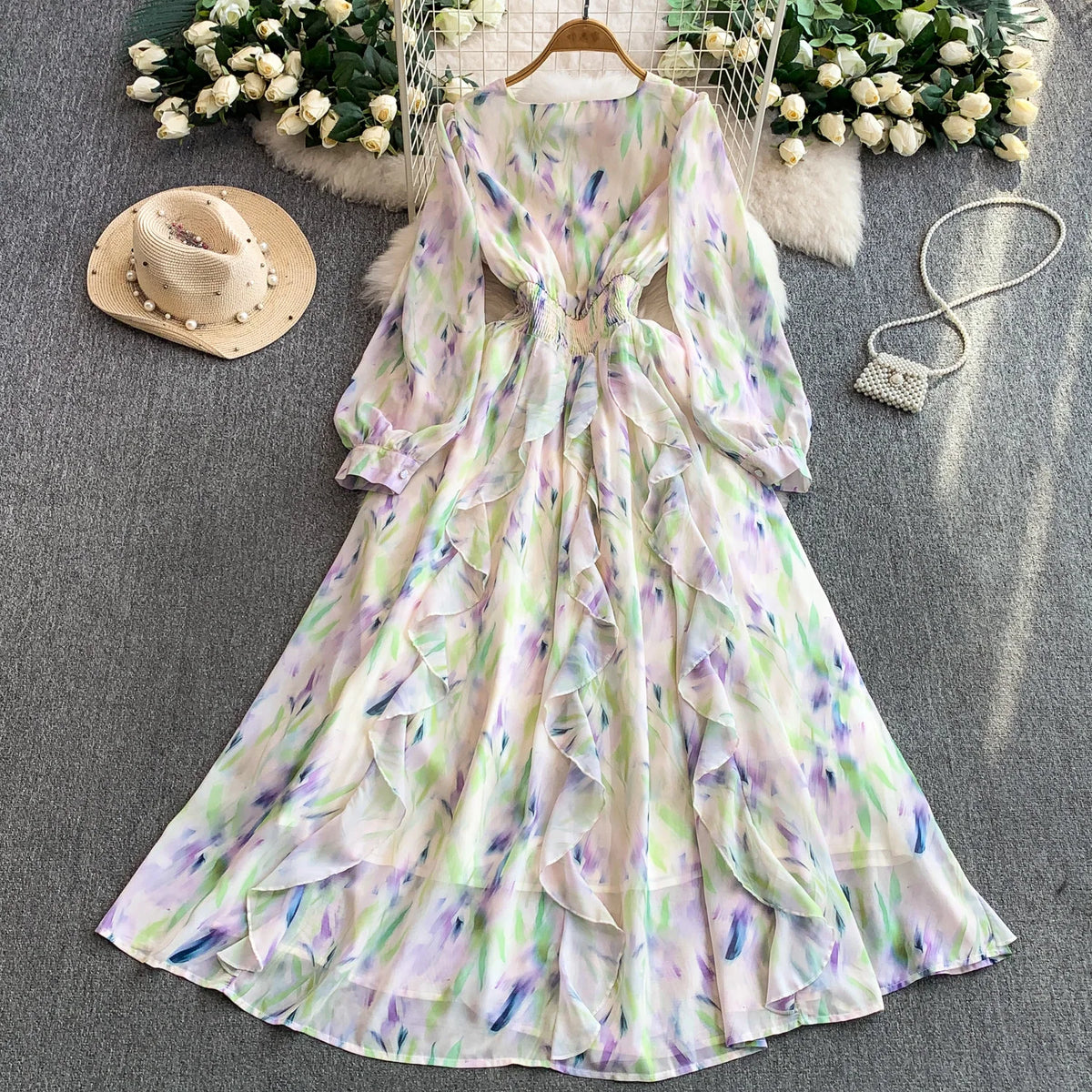 Chiffon Print Long Sleeve A-Line Dress