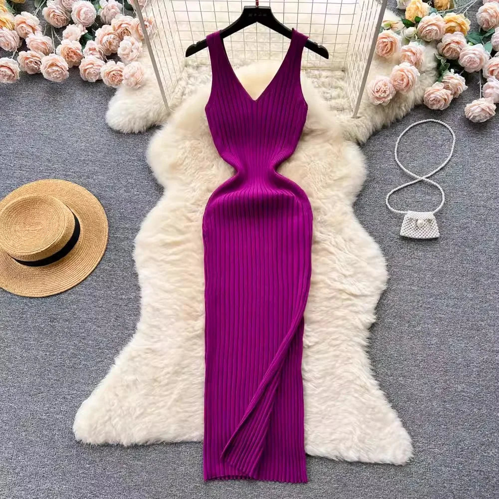 Solid Ribbed V-Neck Knit Bodycon Dress