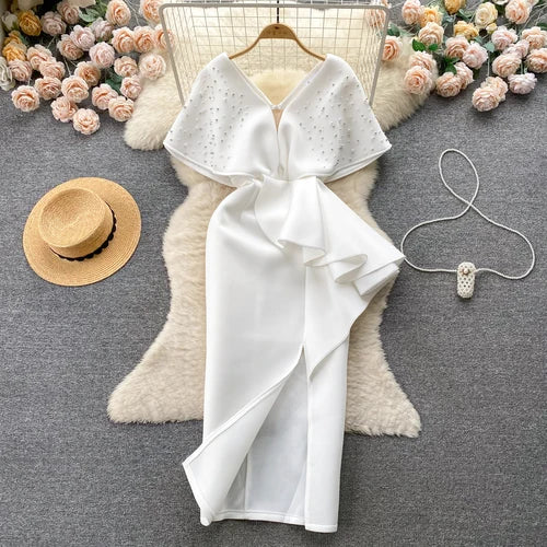 Rhinestone Ruffle V-Neck A-Line Dress