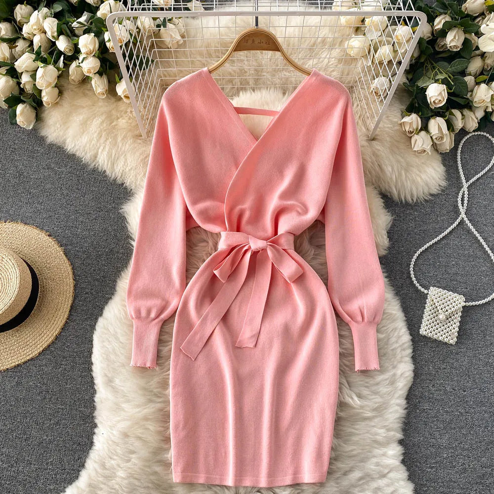 Sash Tie Knit Bodycon Mini Dress