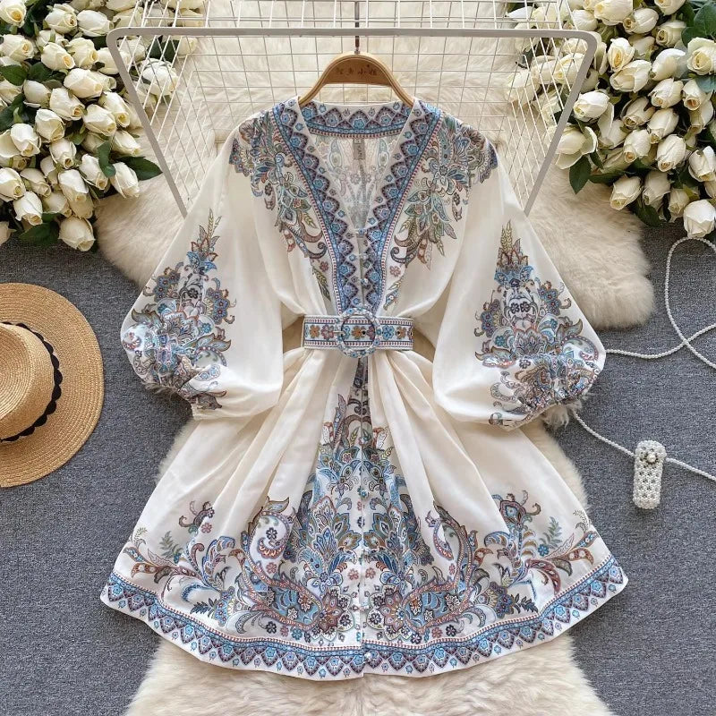 Belted Print Puff Sleeve Shirt Dress
