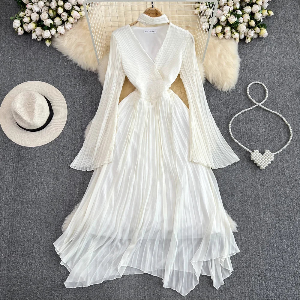 Halter V-Neck Flare Sleeve Midi Dress