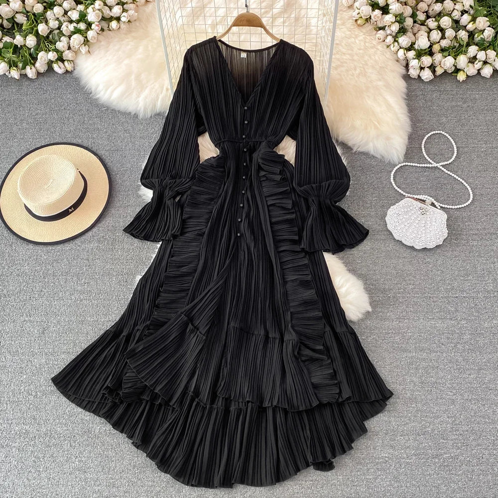 Ruffle V-Neck Long Sleeve A-Line Maxi Dress