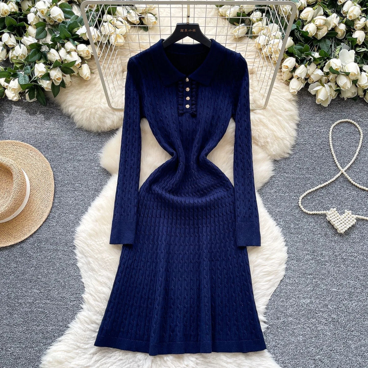 Collared Knit A-Line Shirt Sweater Dress