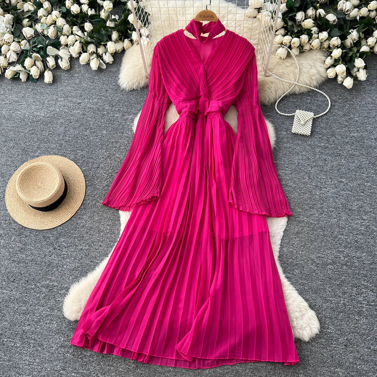 Pleated Flare Sleeve Swing Dress