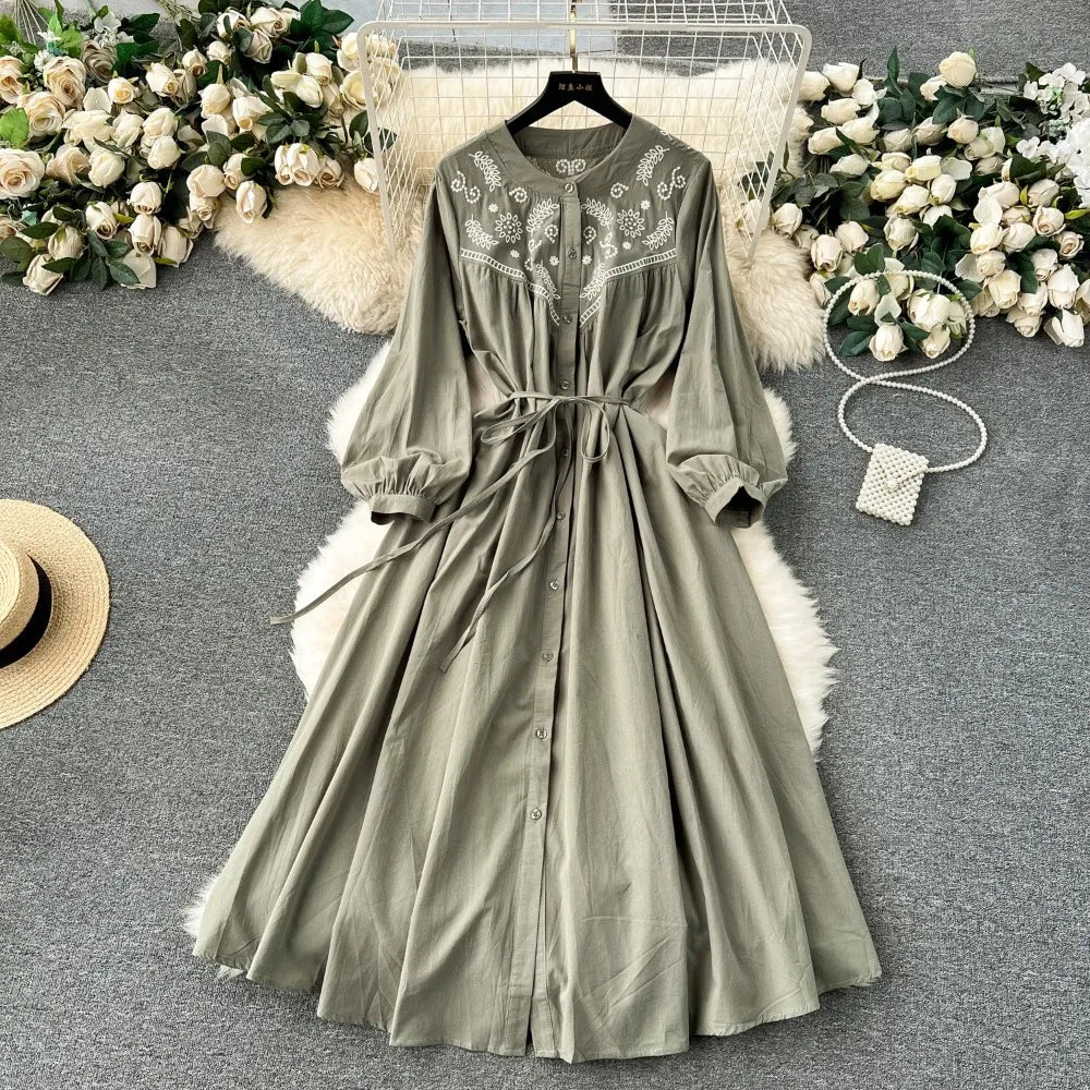 Embroidered V-Neck Boho A-Line Dress