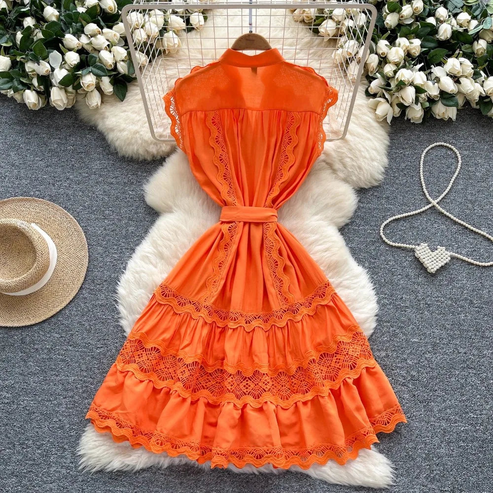 Lace-Up Cutout Sleeveless Beach Dress