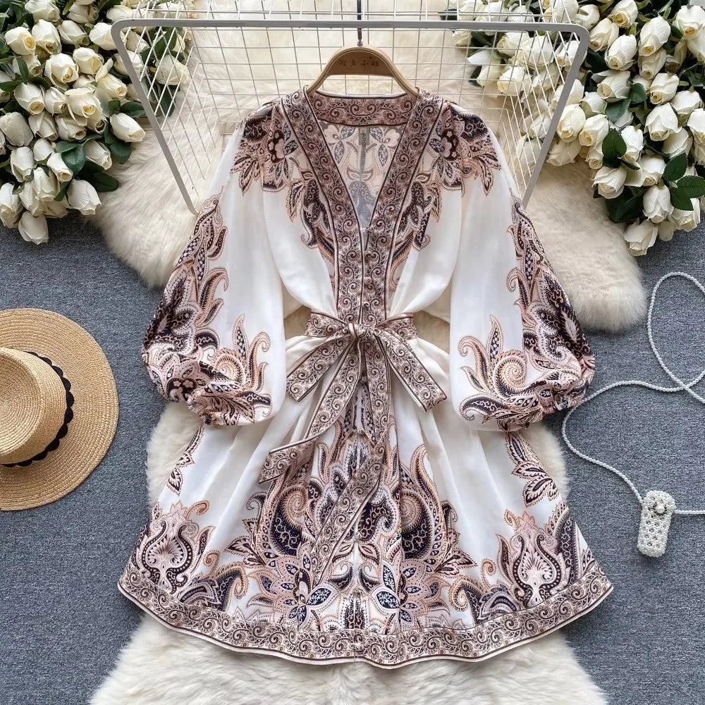 Print Puff Sleeve V-Neck Mini Dress