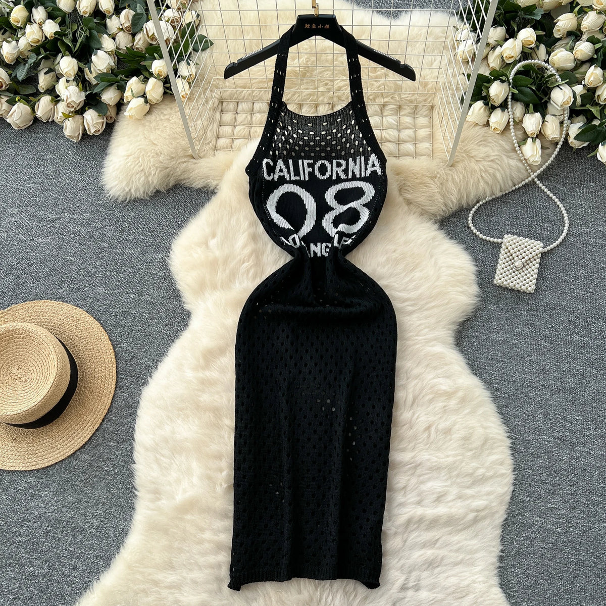 Letter Print Halter Knit Beach Dress