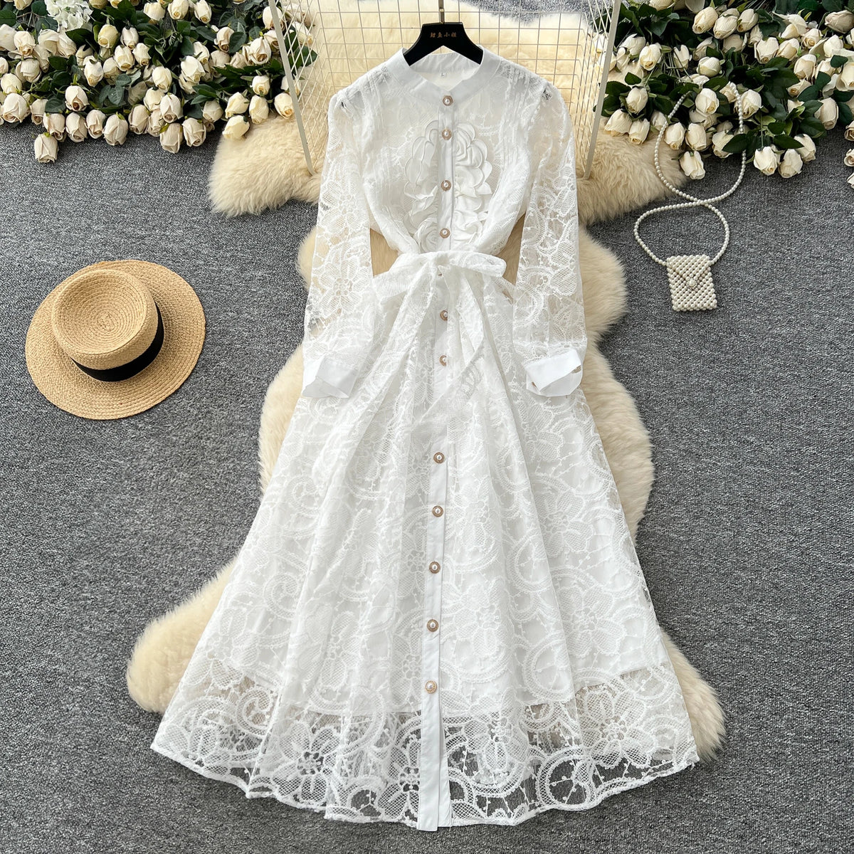Embroidered Mesh Button Slim Dress