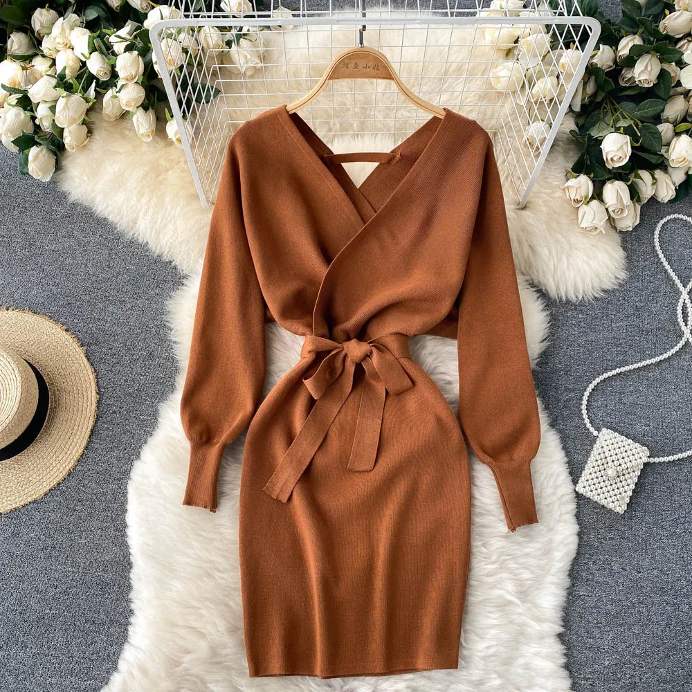 Sash Tie Knit Bodycon Mini Dress