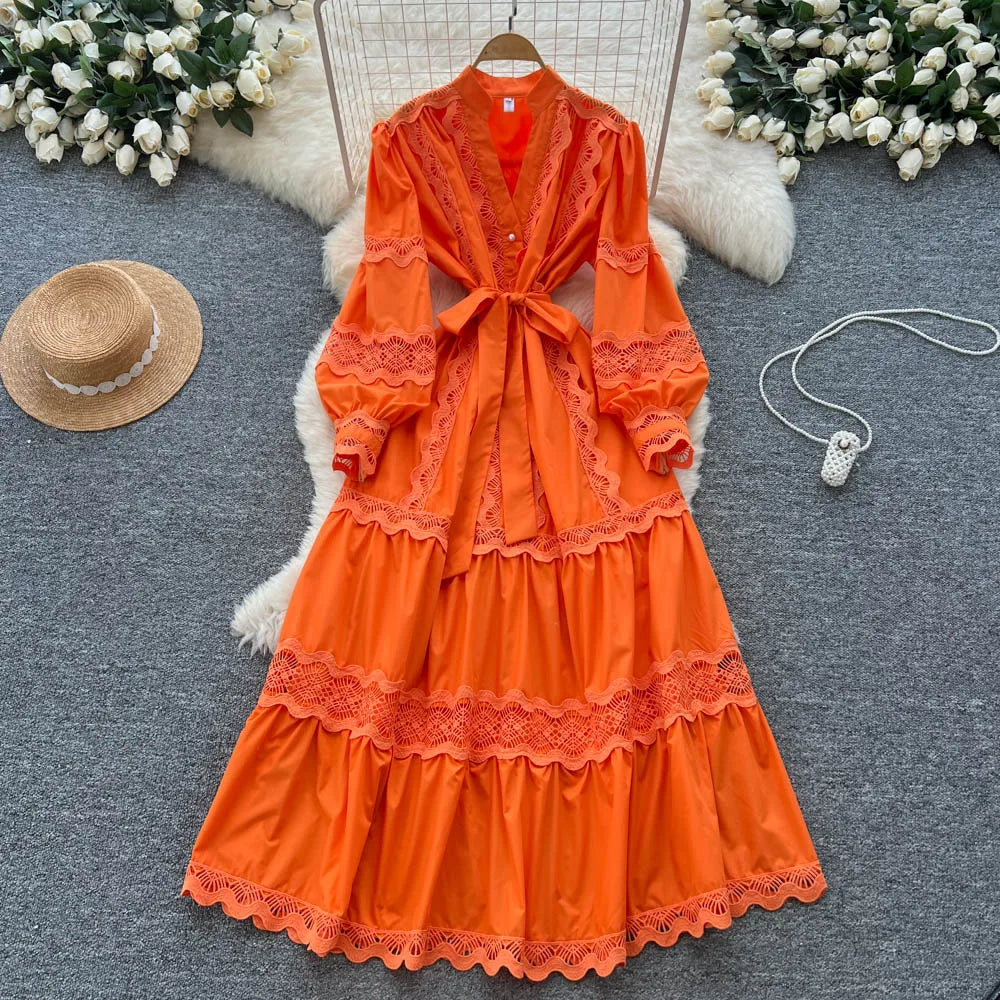 Lace V-Neck Lantern Sleeve Ruched Dress