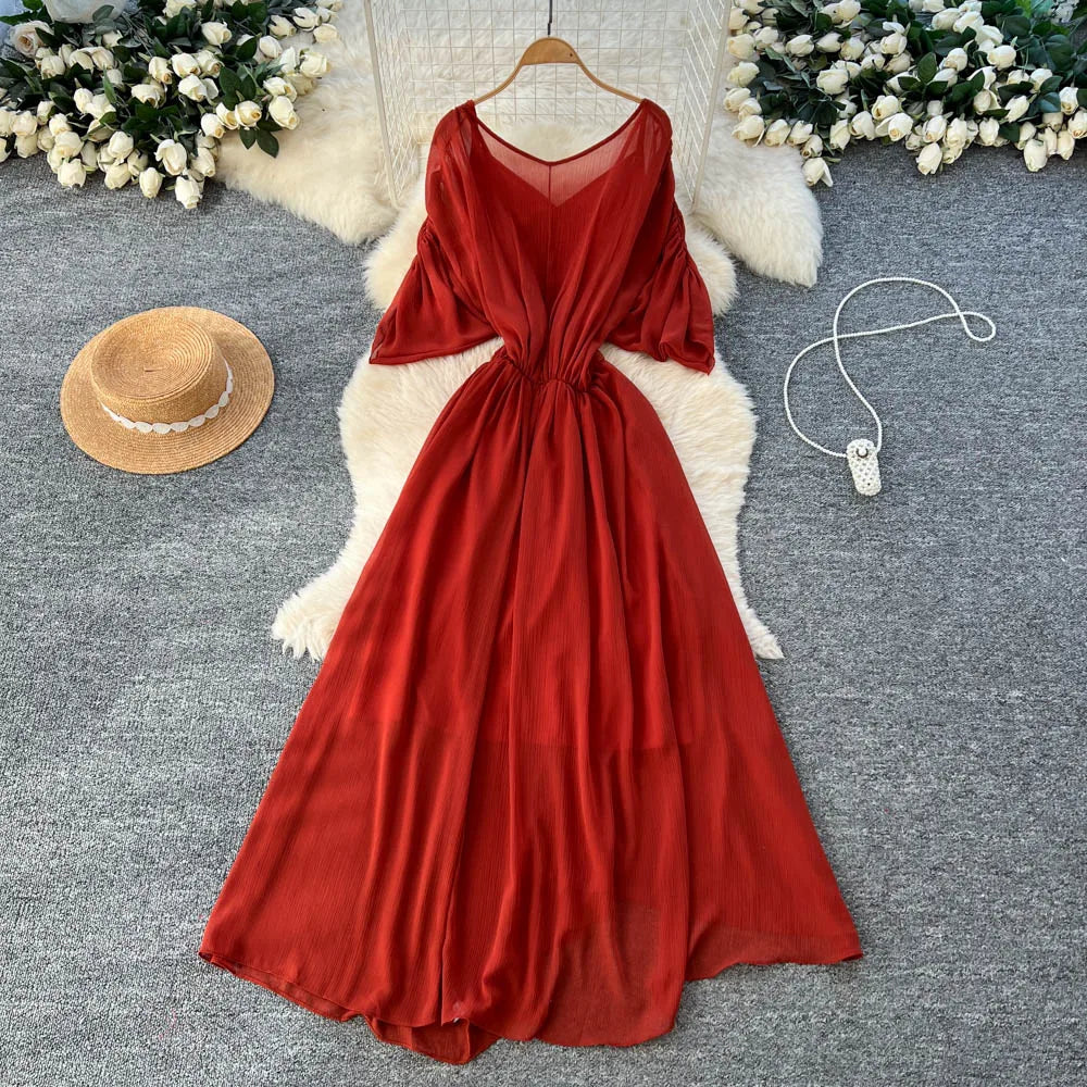 Ruched Chiffon V-Neck Boho Maxi Dress