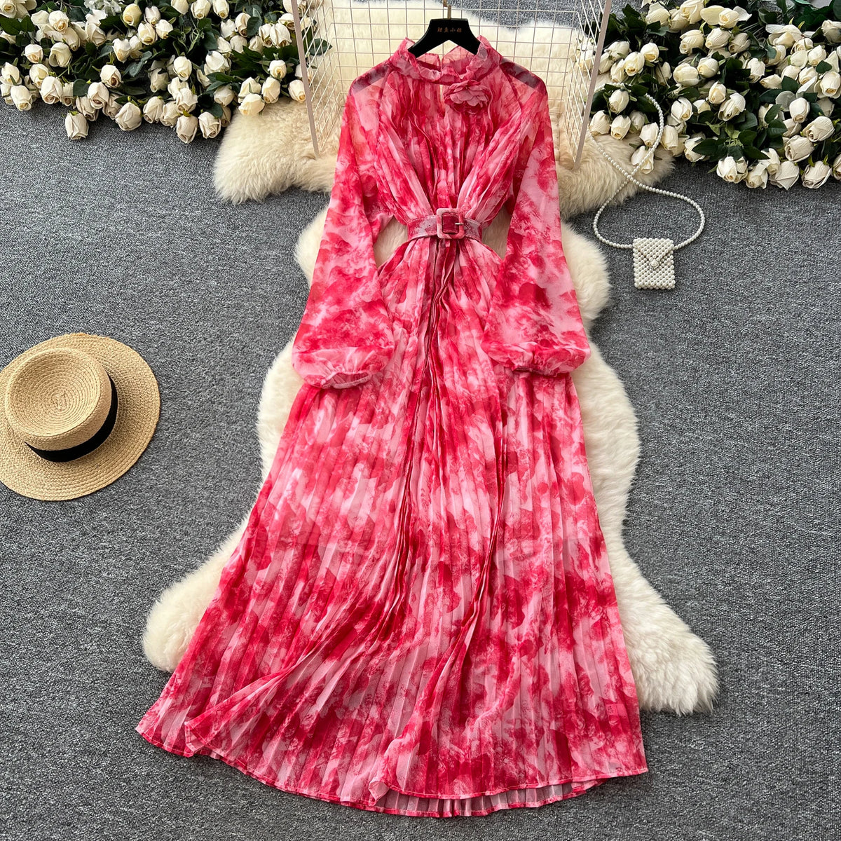 Pleated Print Lantern Sleeve Birthday Dress