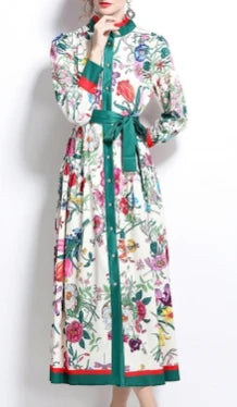 Stand Collar Print Button Front Maxi Dress