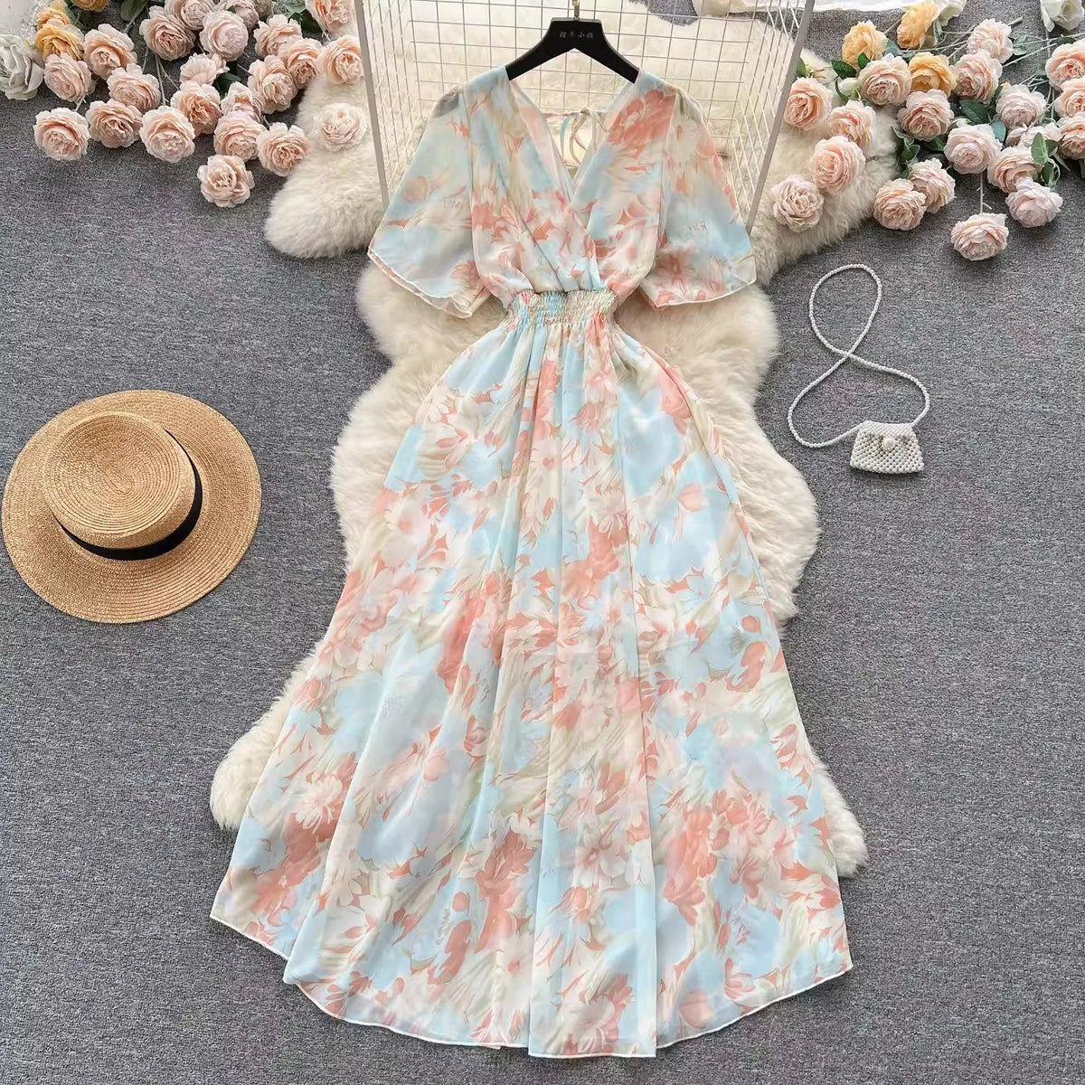 Floral Chiffon V-Neck A-Line Maxi Dress