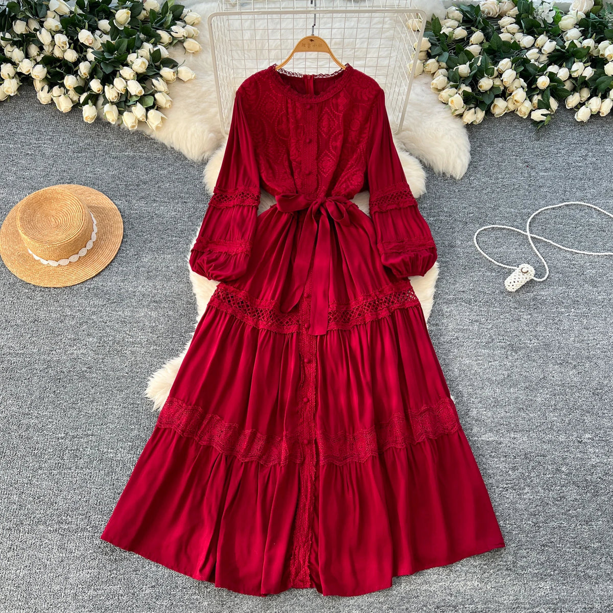 Single Breasted Lace Long Dress