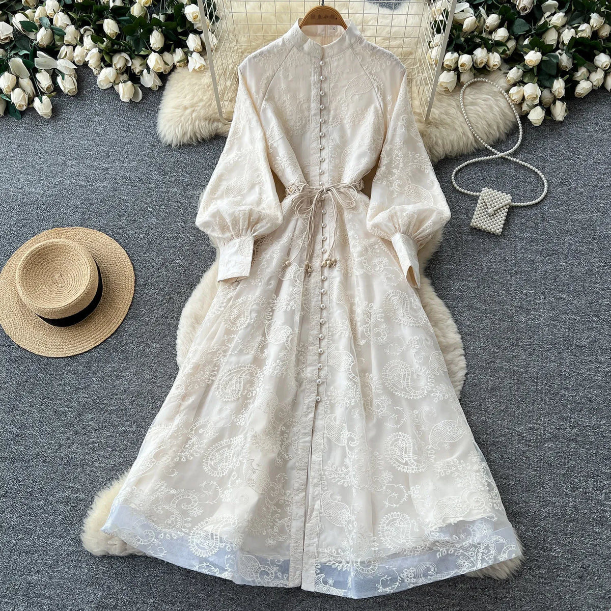 Embroidered Tie Waist Lantern Sleeve Maxi Dress