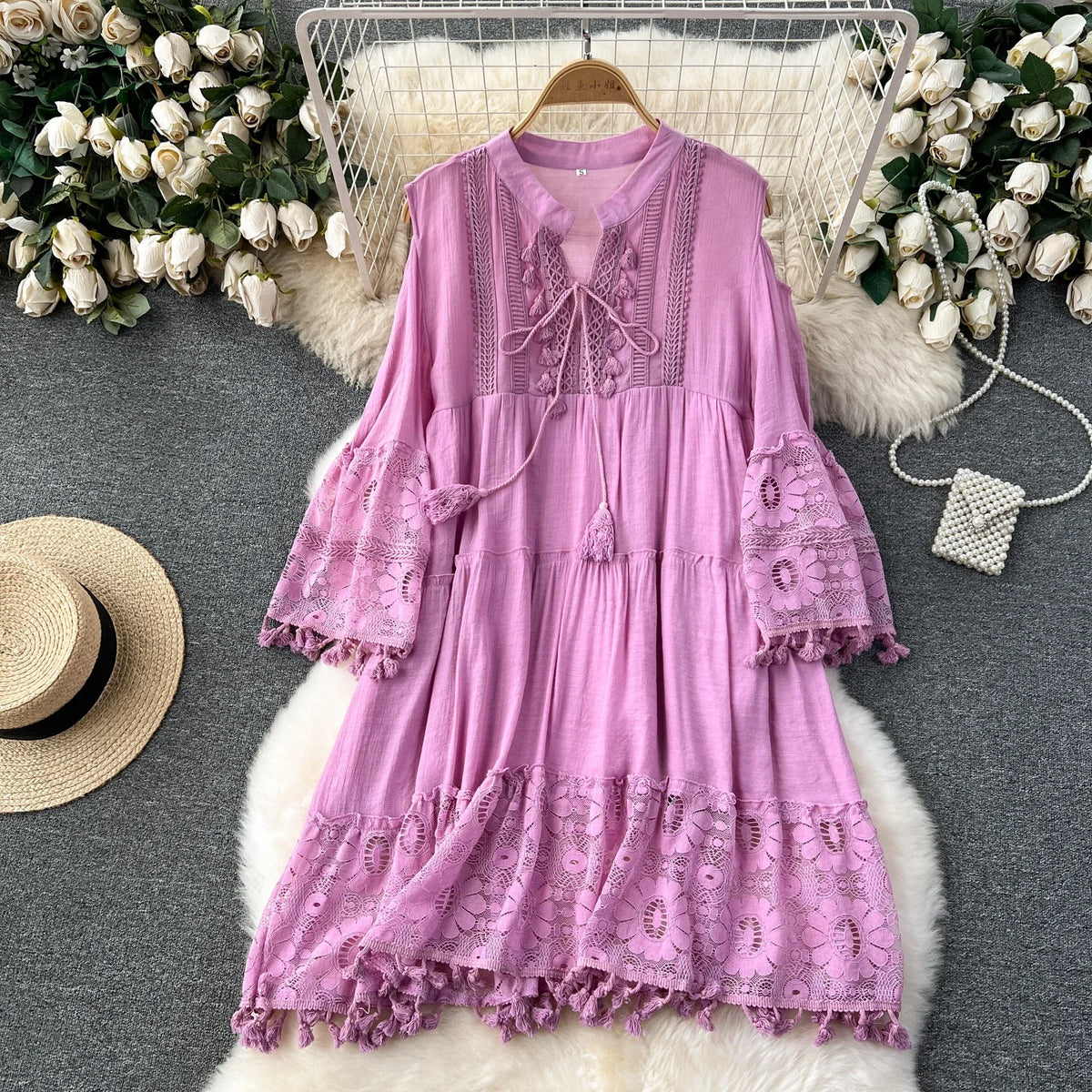 Lace Tassel Flare Sleeve V-Neck Dress