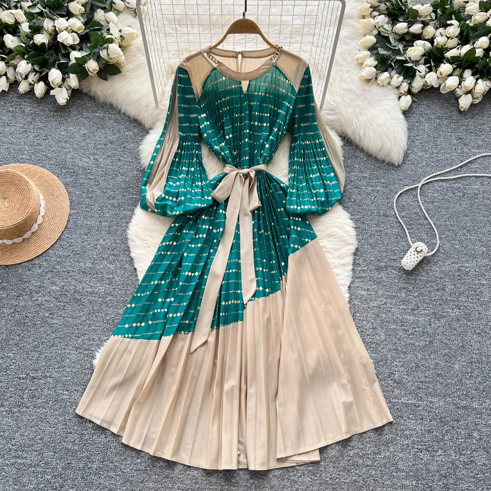 Spliced Print Slim Long Dress