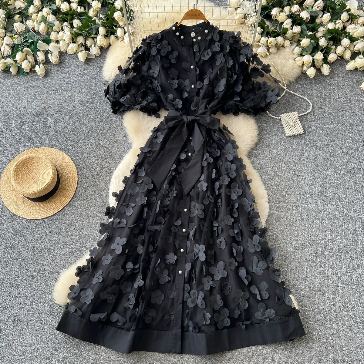3D Floral Beaded A-Line Maxi Gown