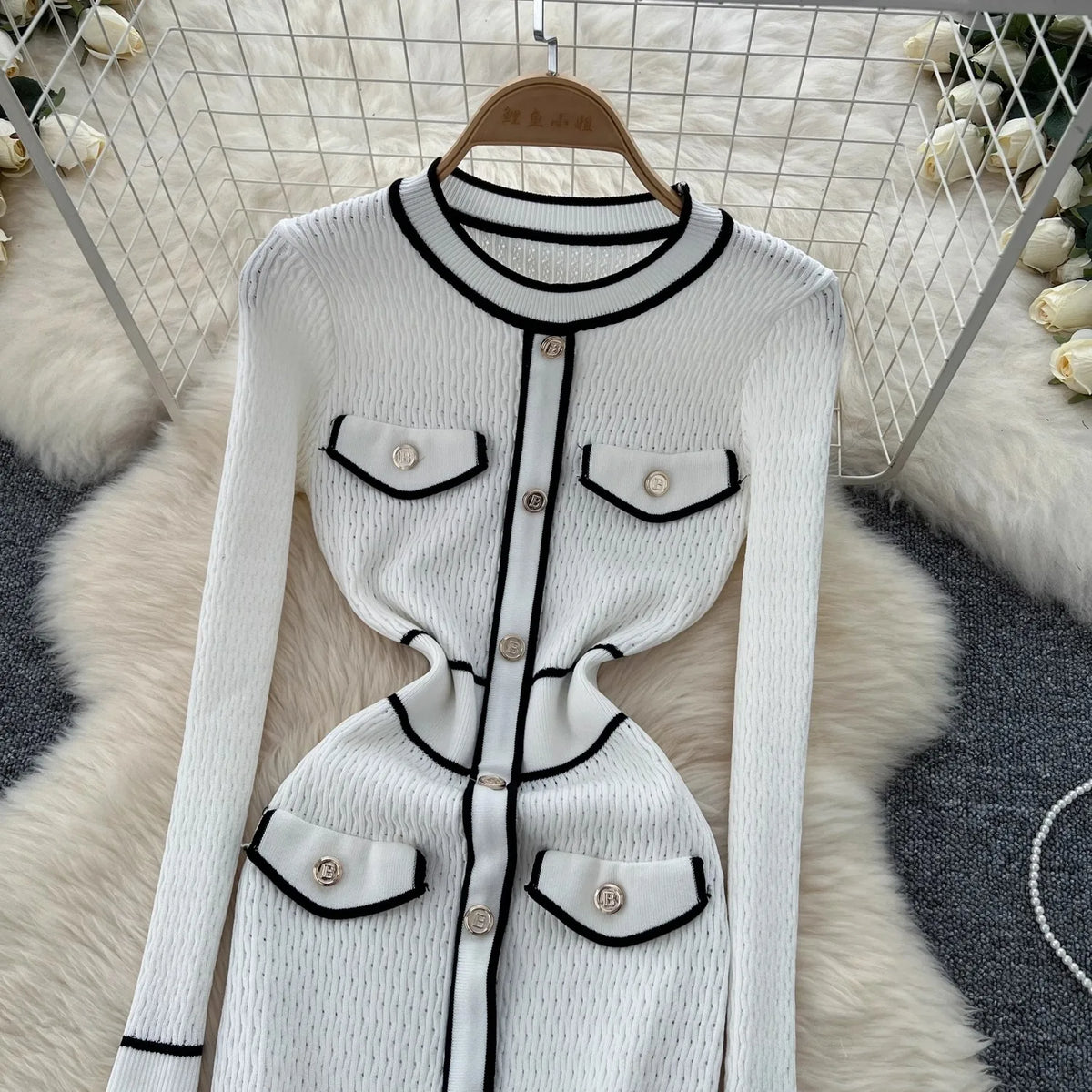 Crew Neck Button Knit Bodycon Dress