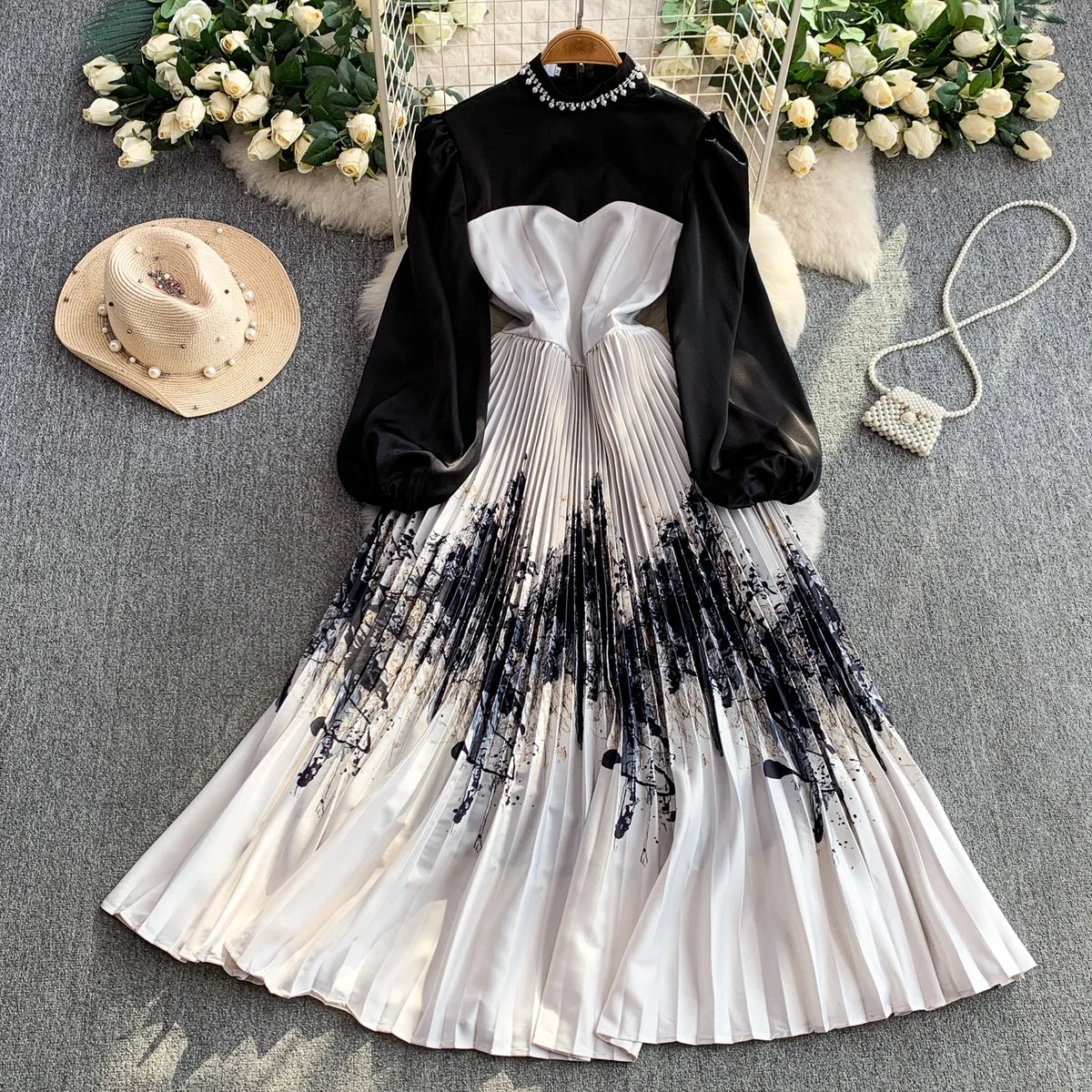 Ruched Print Long Sleeve A-Line Dress