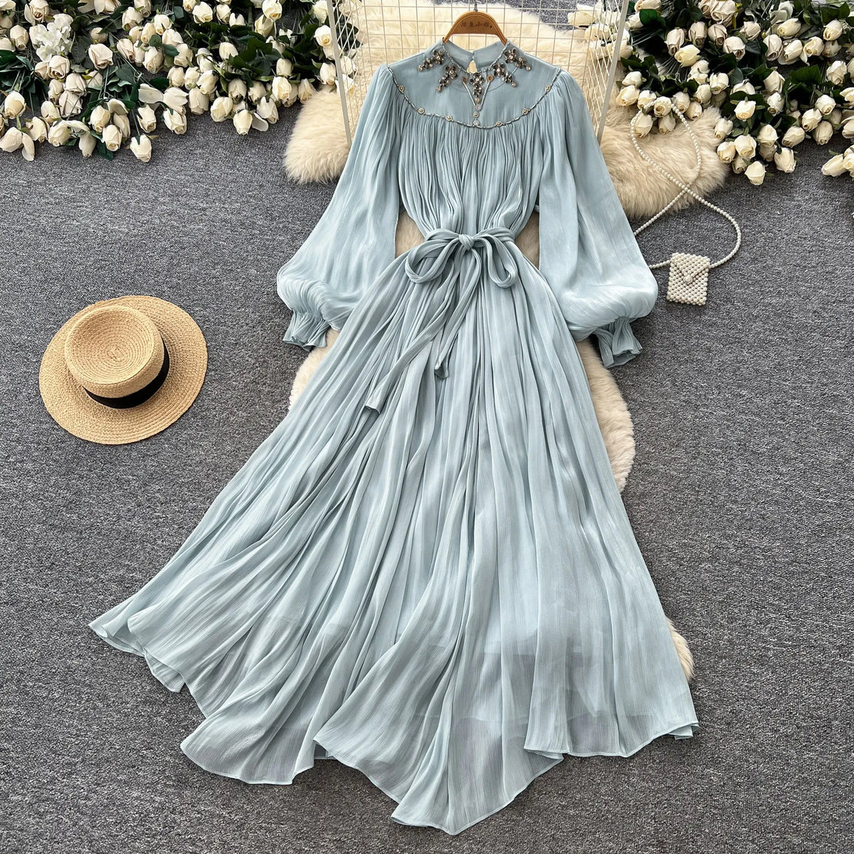 3D Floral Rhinestone Chiffon A-Line Dress