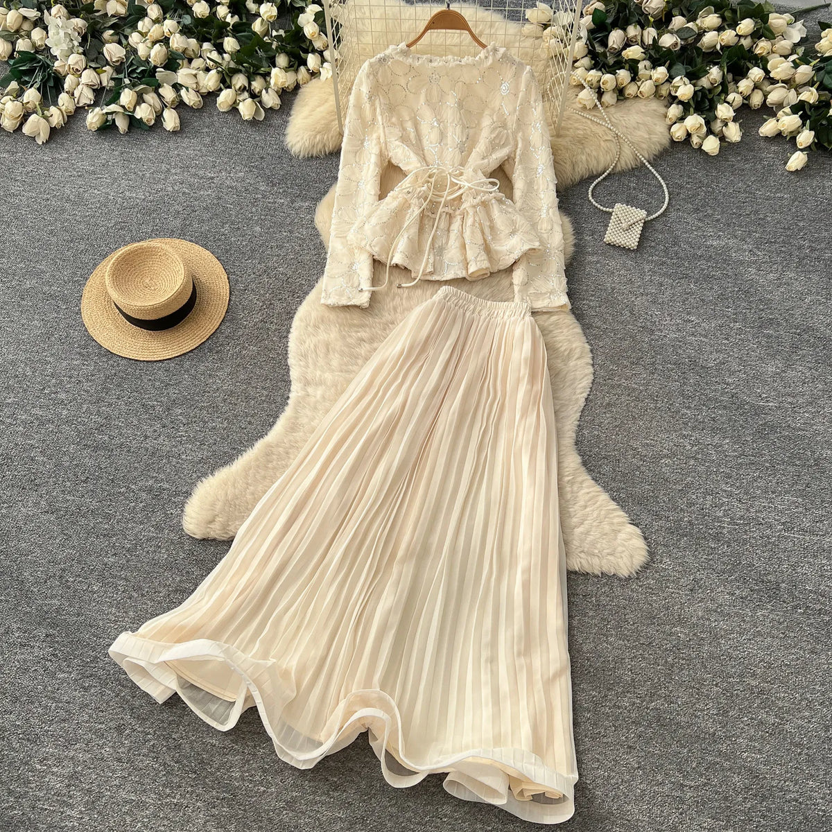 Beaded Lace Blouse and A-Line Skirt Set
