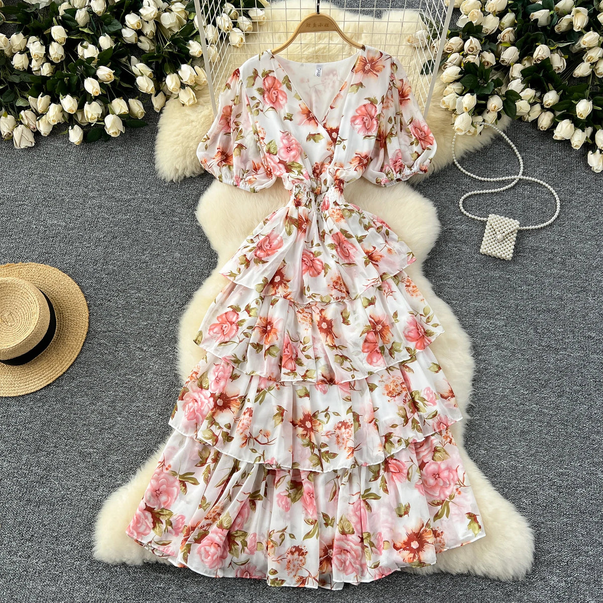 Floral V-Neck Chiffon Resort Dress