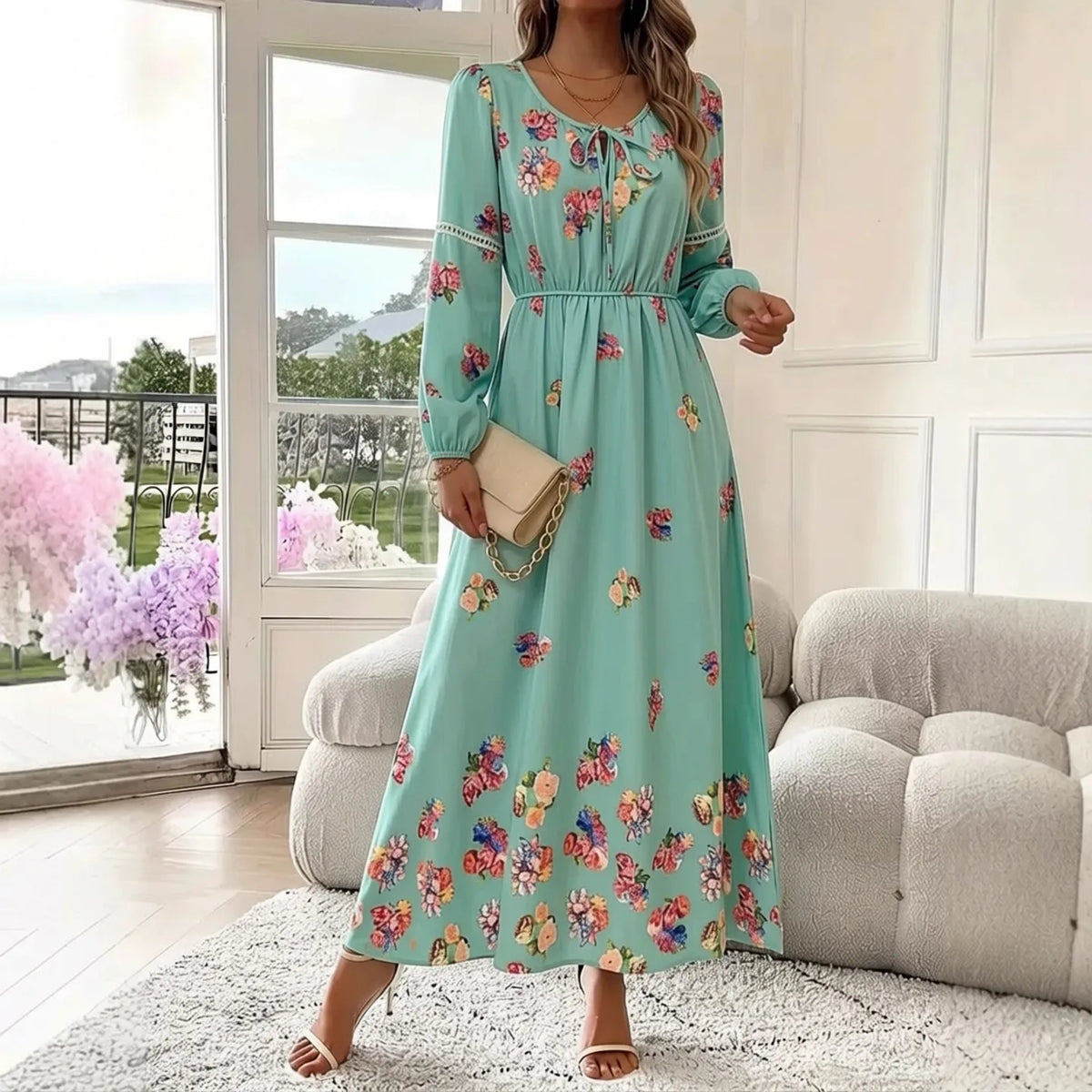 Floral Long Sleeve A-Line Maxi Dress