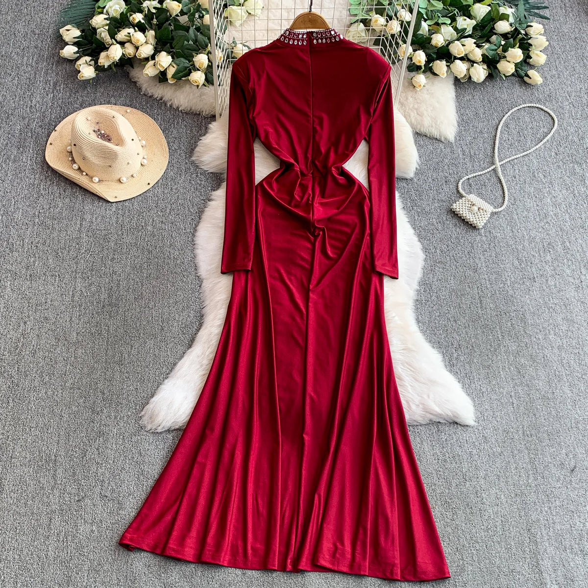 Rhinestone Long Sleeve Maxi Dress