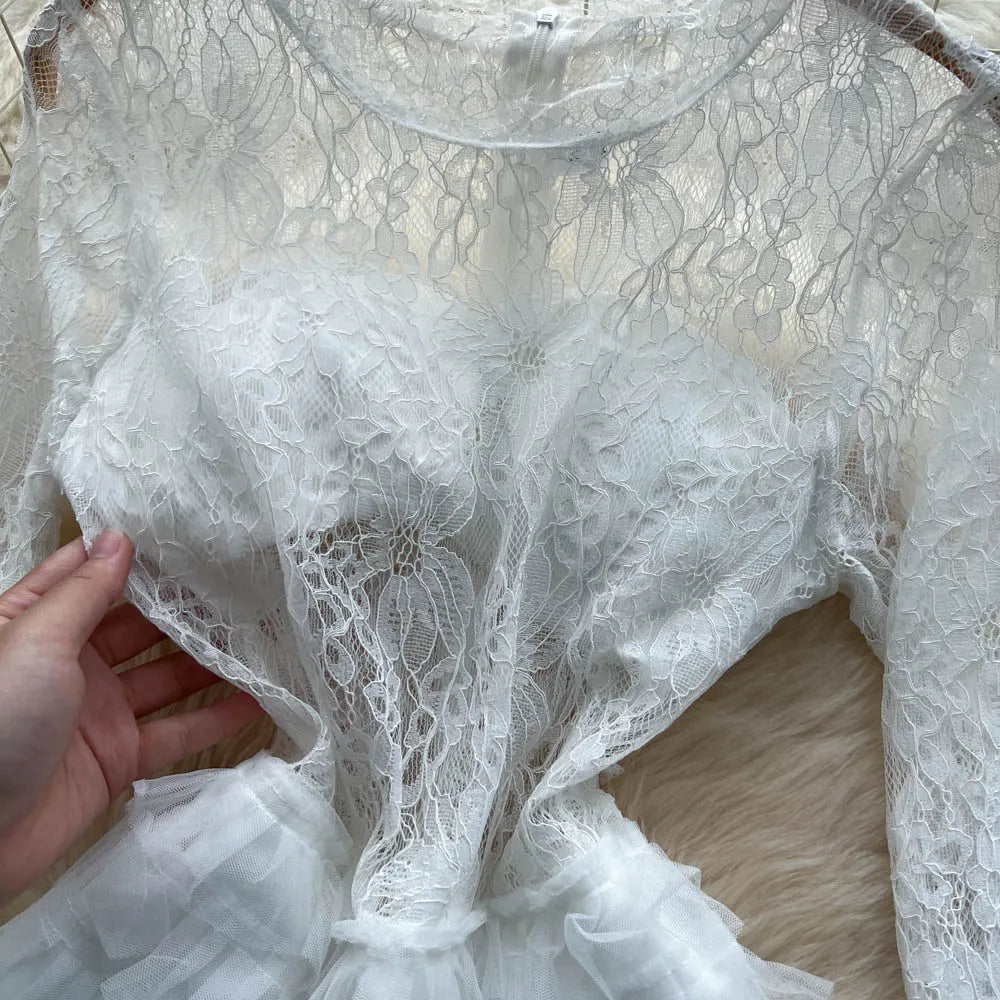 Mesh Lace Spliced Long Sleeve Dress