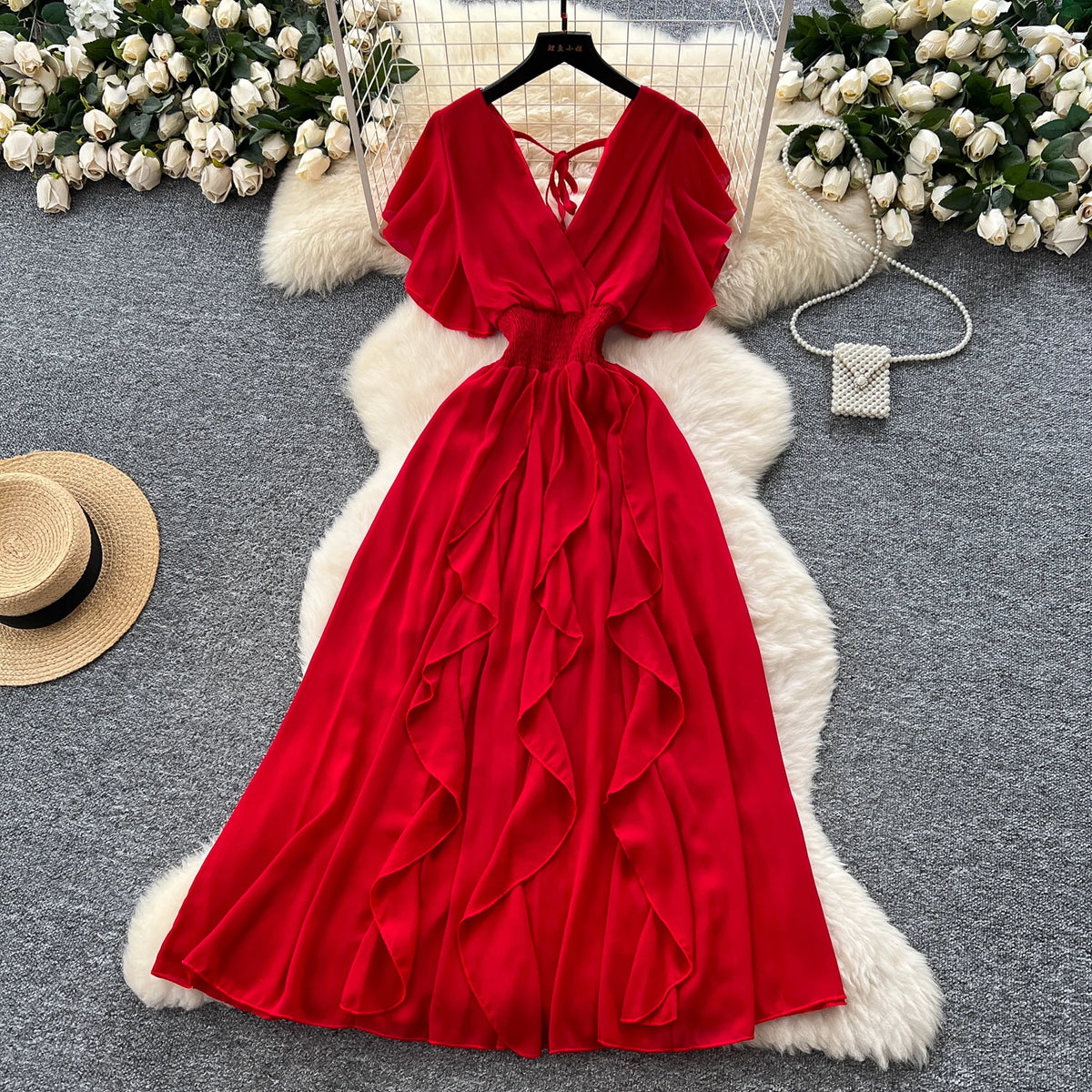 Criss-Cross Chiffon Short Sleeve Gown