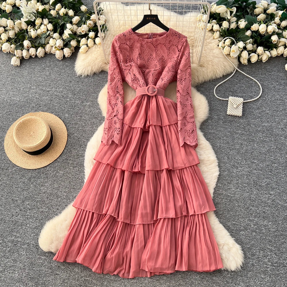 Lace O-Neck Long Sleeve A-Line Dress