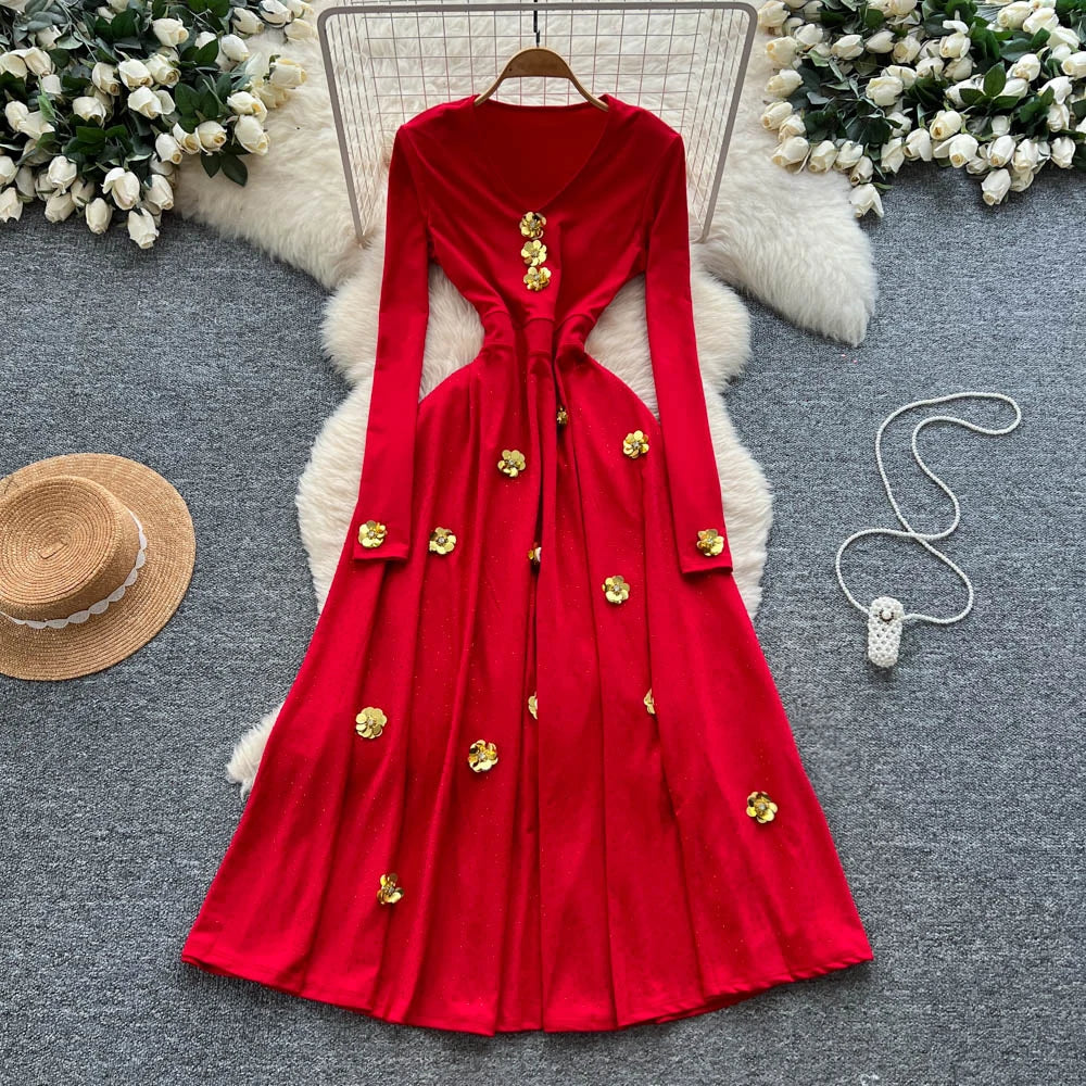 Sequin Spliced Long Sleeve A-Line Dress