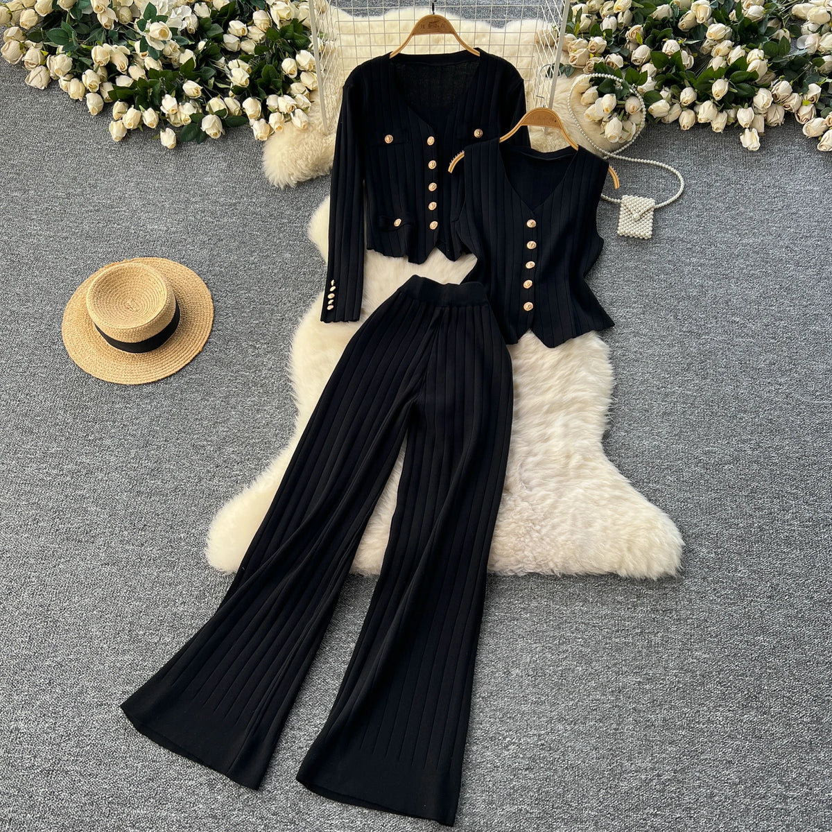 Knit V-Neck Top and Wide Leg Pants Set