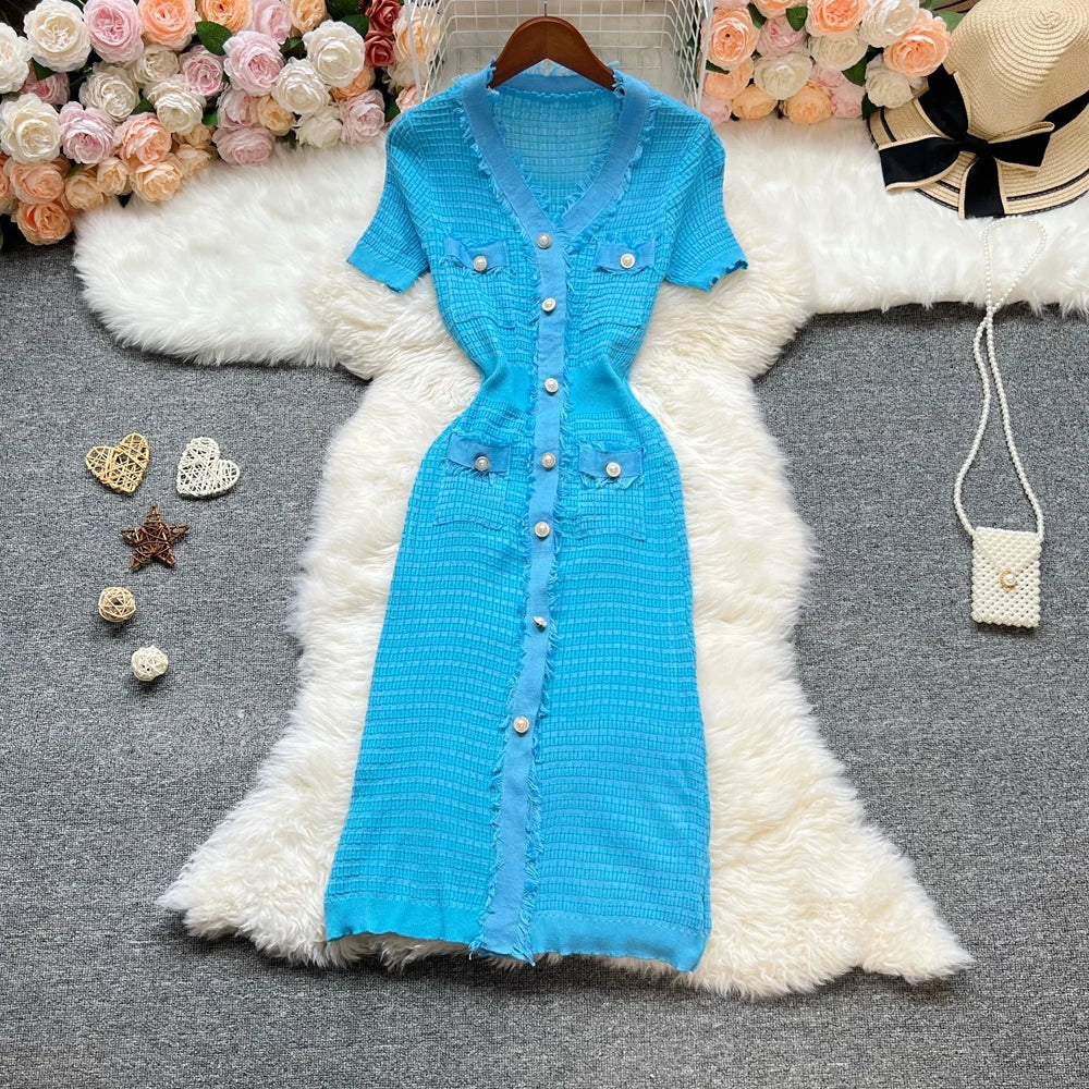Pearl Button Knit Wrap Maxi Dress