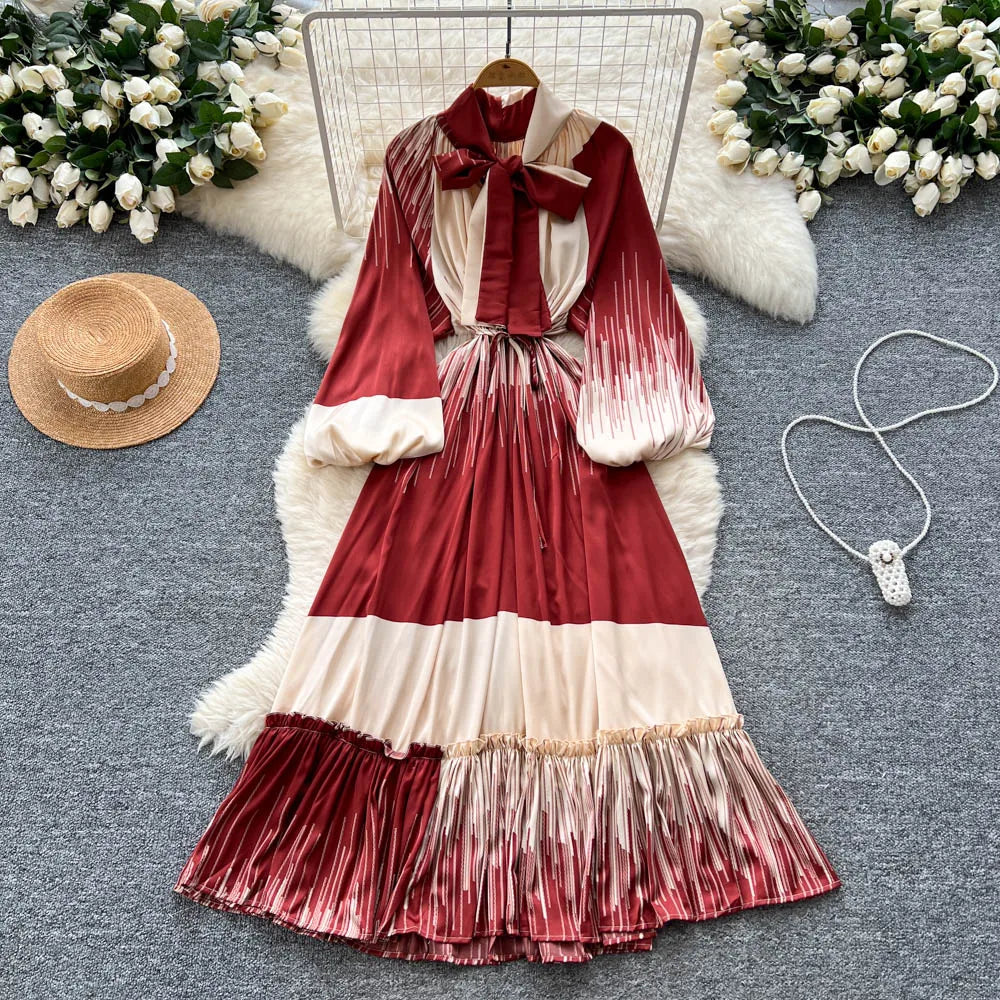 Print Lace-Up Puff Sleeve Maxi Dress
