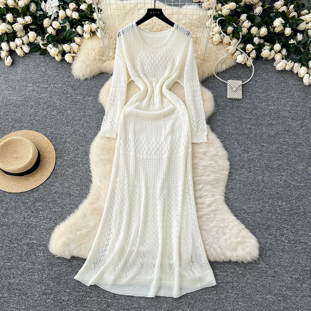 Openwork Knit Long Sleeve Dress