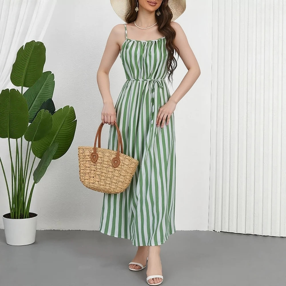 Striped Spaghetti Strap A-Line Maxi Dress