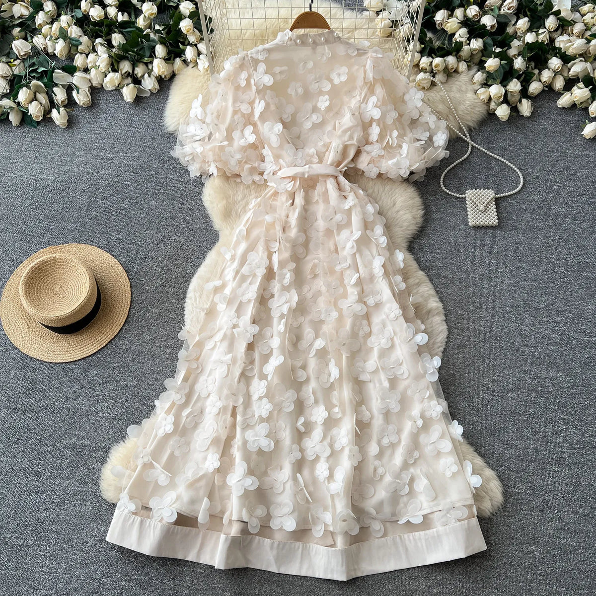 3D Floral Beaded A-Line Maxi Gown
