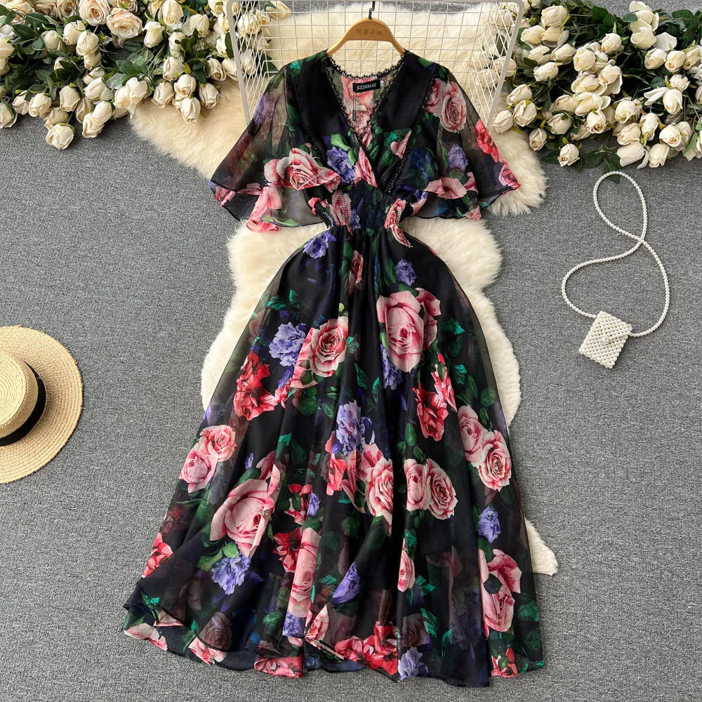 Retro Print Ruffle V-Neck A-Line Dress