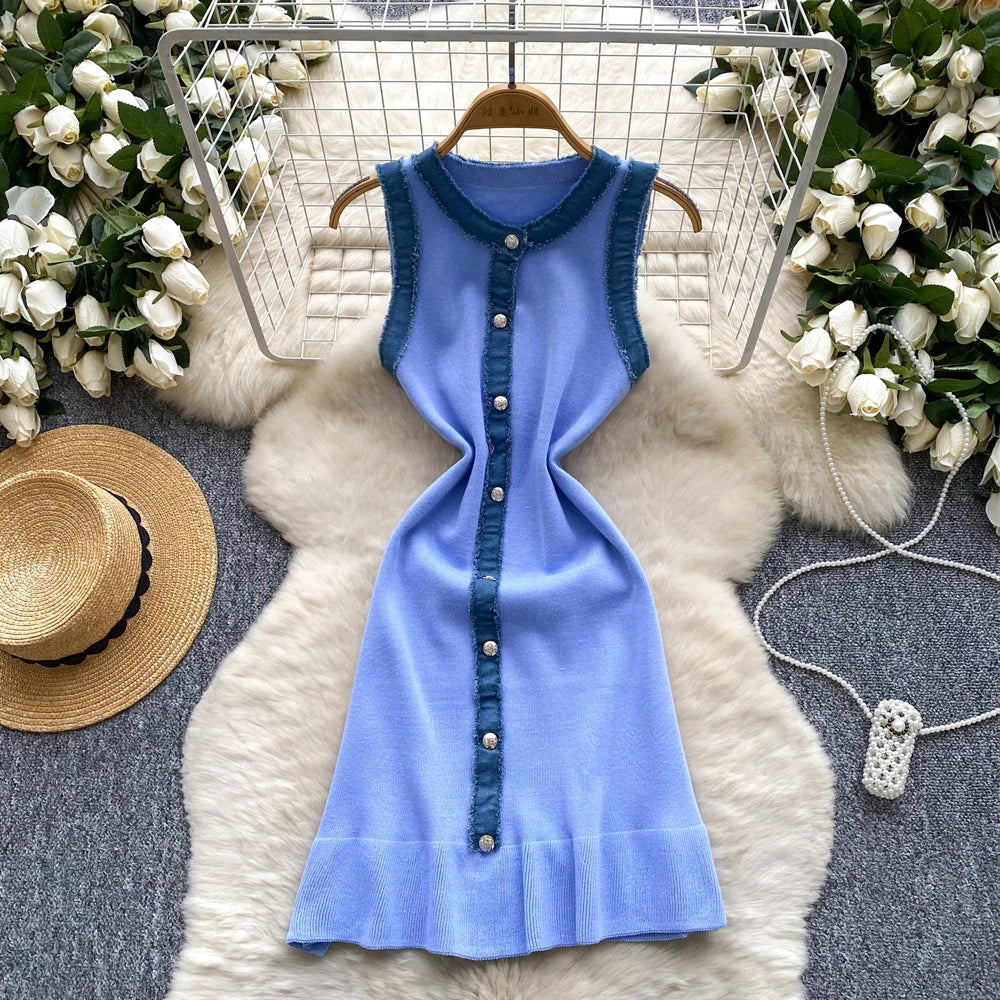 Denim Patchwork Ruffled Knit Mini Dress