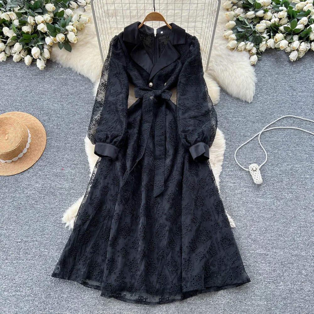 Embroidered Mesh Long Sleeve Dress